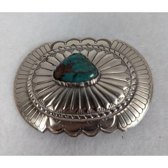 Belt buckle Sterling Silver Royston Turquoise Nev Oval,cast,oxidized,bezel set - Picture 7 of 10